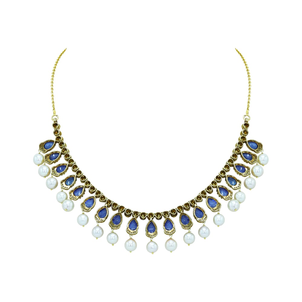 Tanzanite Necklace Set with Polki Diamonds and Pearl Drops